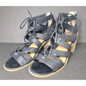 Bass Strappy Lace Up Sandals Black Faux Leather Block-Heel  Womens 10M Zip Back